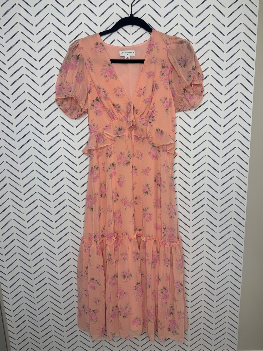 Love Shack Fancy Peach Floral Midi Dress with Ruffle Details Size Small